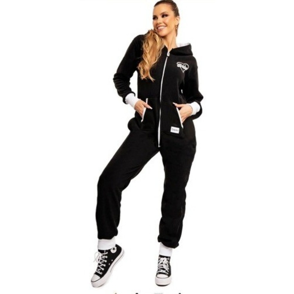 Tipsy Elves Womens Black Babe Heart Hooded Fleece Jumpsuit Size L Full Zip